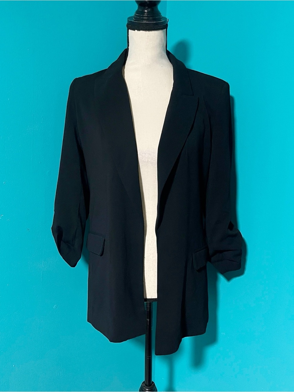 NWT T Tahari XS Solid Black Longline Open Front Roll Sleeve Blazer Jacket